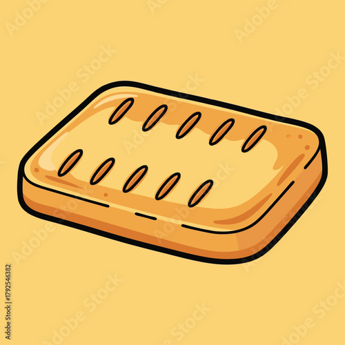 Cartoon illustration of a golden-brown rectangular biscuit or pastry with two rows of oval perforations on a plain yellow background.