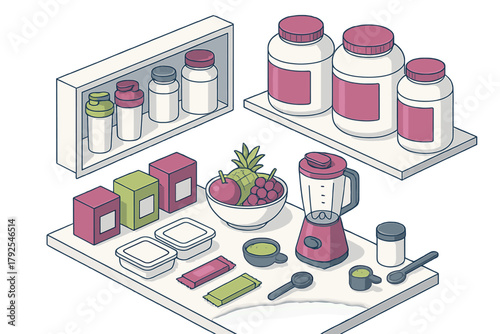 Isometric display of fitness supplements, protein powders, fruit, and blending equipment for healthy lifestyle