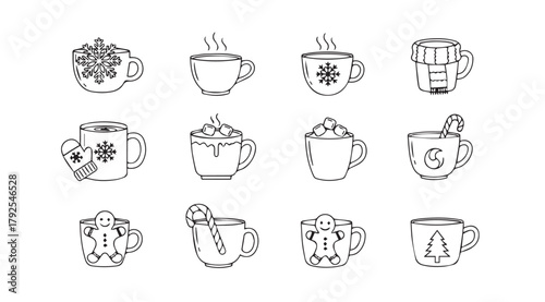 Collection of hand drawn winter hot drink mugs silhouette