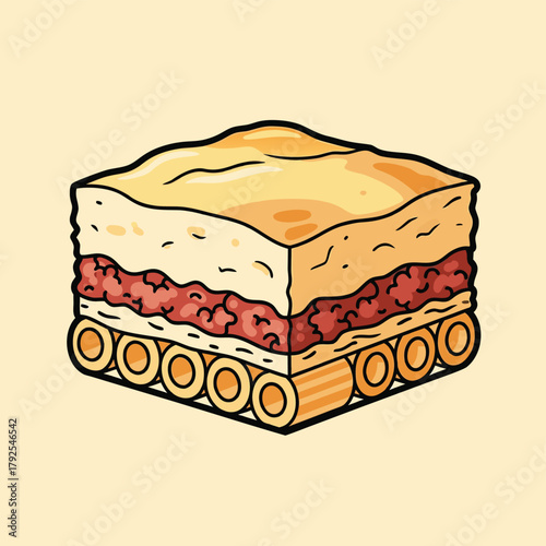 Cartoon illustration of a creative layered food dish resembling lasagna with a unique tank track pasta base.