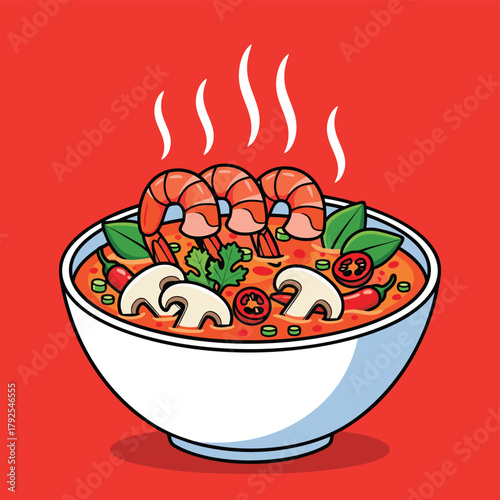 Vibrant cartoon illustration of a steaming bowl of spicy Thai Tom Yum soup with shrimp, mushrooms, and fresh herbs on a red background.