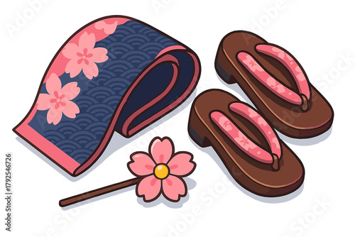 Traditional Japanese Geta sandals and folded fabric with pink cherry blossoms and Seigaiha wave pattern