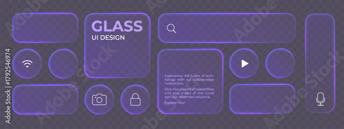 Purple liquid glass smartphone interface isolated for dark theme. UI light frame square and circle banner with glow stroke and icons serach, wifi. photo and other. Glass ui design.