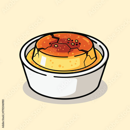 A cartoon illustration of a crème brûlée dessert with a cracked caramelized top in a white ramekin.