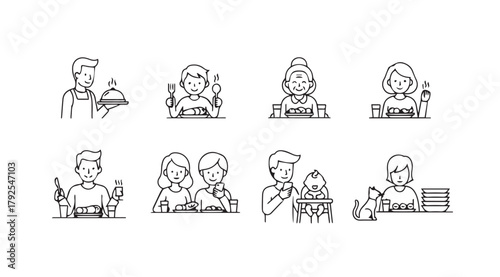 Collection of eight diverse people enjoying meals and drinks in a simple line art silhouette style