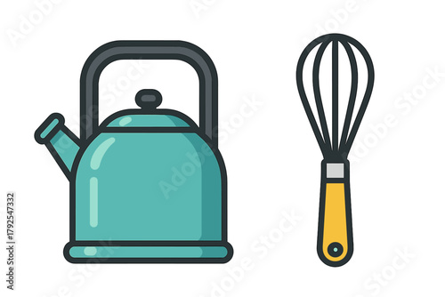 Teal whistling kettle and yellow handled wire whisk kitchen utensils set