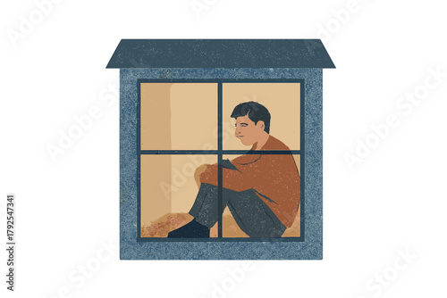 Depressed young man sitting alone inside a house window frame feeling isolated and anxious during quarantine