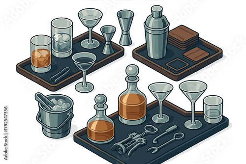 Professional bar tools, cocktail glassware, and liquor decanters arranged on serving trays