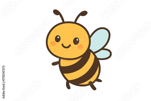 Cute happy bumblebee mascot character hovering in the air isolated on a clean white backdrop