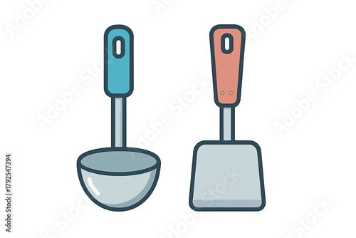 Essential kitchen utensils including a soup ladle and a flat spatula with colorful handles