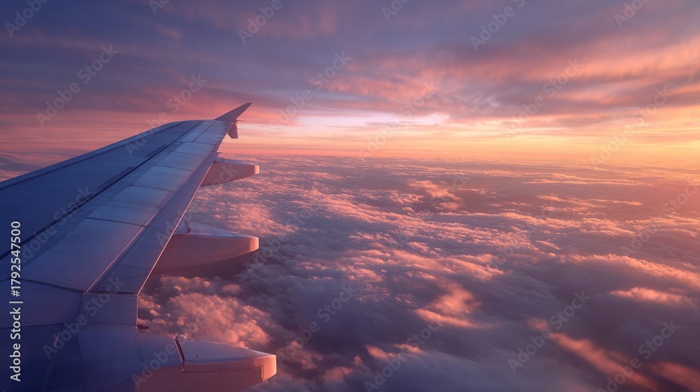 Obraz premium Sunset view from an airplane window overlooking soft, glowing clouds. Perfect for themes of travel, inspiration, adventure, aviation, and peaceful sky landscapes.