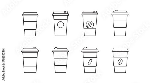 Collection of eight hand drawn coffee cup silhouettes with lids and sleeves silhouette