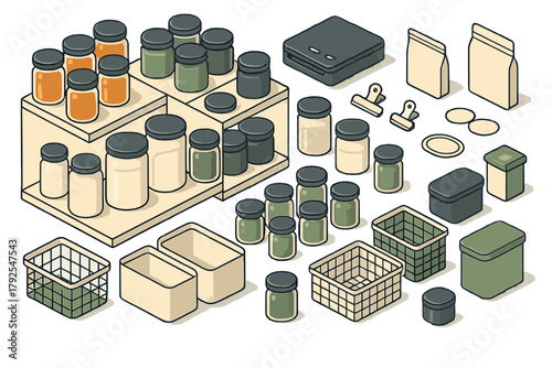 Isometric set of kitchen and pantry organization items: jars, containers, baskets, and shelving units