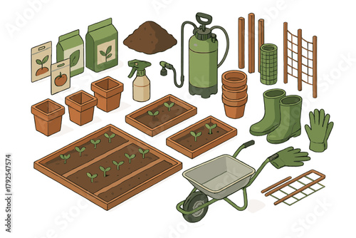 Isometric set of essential gardening tools and supplies for planting seedlings and preparing soil