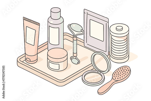 Essential beauty and skincare products organized on a tray for daily self-care routine