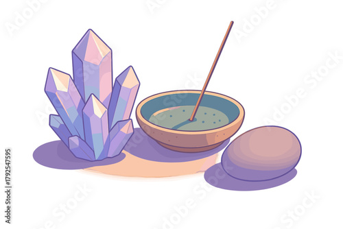 Mystical crystal cluster next to an incense stick burning in a ceramic bowl and a smooth healing stone