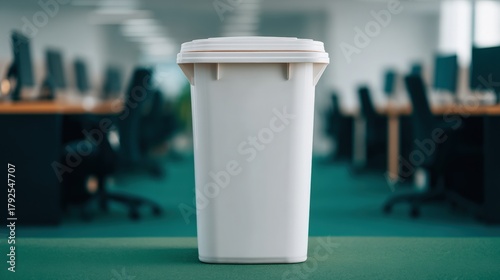 Daily office cleaning routine, A white disposable coffee cup with a lid on a green table, set in a modern office with multiple computer desks in the background.