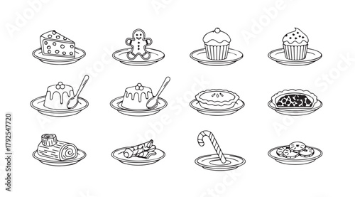 Collection of hand drawn turkish delight desserts in silhouette style