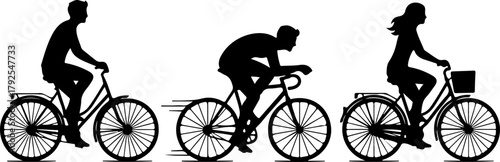 Black Silhouette of 3 Men and Women Riding Bicycles – High Detail Spokes and Realistic Motion on White Background