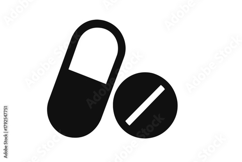 Minimalist black and white symbol showing a pharmaceutical capsule and a round medicine tablet