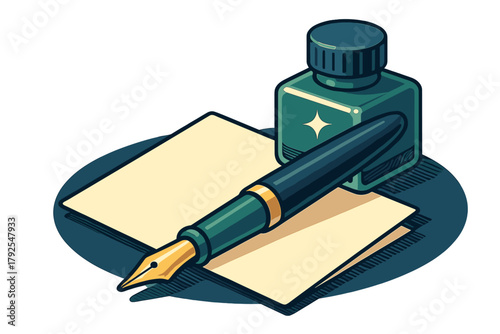 Classic fountain pen resting on blank paper sheets next to a bottle of green ink