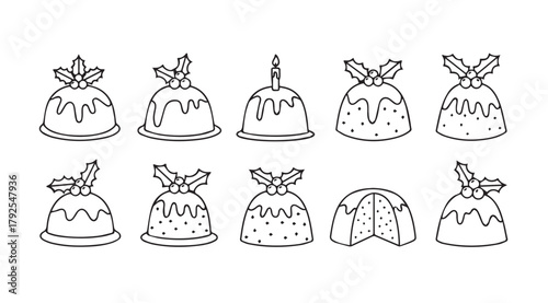 Collection of festive christmas pudding silhouettes with holly and ribbon decorations silhouette