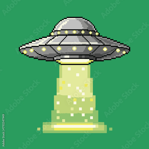 Pixel art illustration of a classic flying saucer UFO with a bright yellow light beam descending on a solid green background.