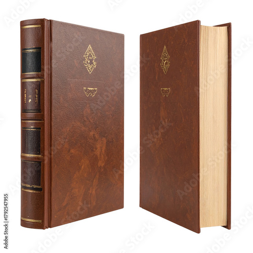 Two brown hardcover books, front and three quarter view, standing upright. Isolated on transparent background