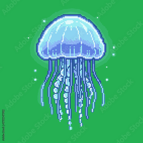 Vibrant blue pixel art jellyfish with glowing details and long tentacles on a solid green background.