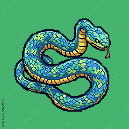 A vibrant pixel art illustration of a coiled blue and green snake with yellow markings and a tongue, set against a solid green background.