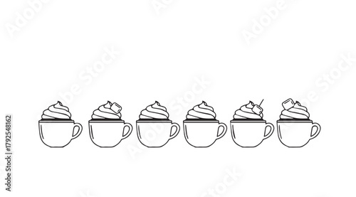 Six hand drawn coffee cups with whipped cream in a row silhouette