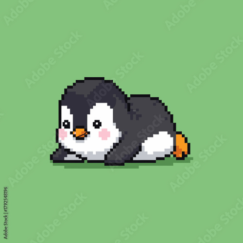 A cute pixel art baby penguin lying down on a green background, showcasing a charming and simple design.