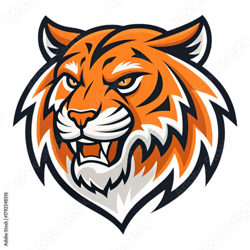 Saber‑Tooth Tiger Esport Mascot Logo Vector – Prehistoric Predator Emblem with Solid Orange and White Flat Design, Strong Symmetry, Modern Gaming Badge

