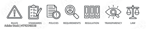 Compliance banner icon with rules, standards, policies, requirements, regulations, transparency, law