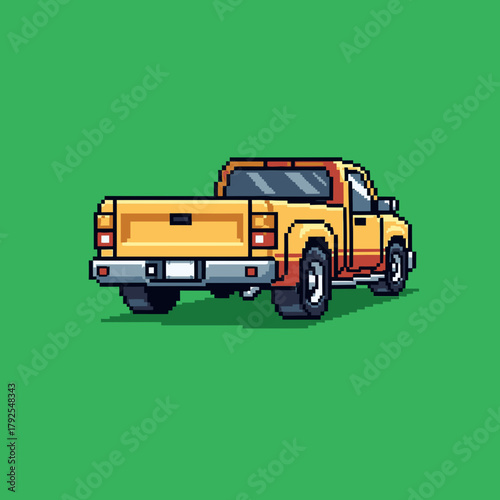 Pixel art illustration of a classic yellow pickup truck viewed from the rear on a solid green background, showcasing a retro digital style.