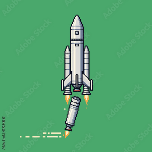 Pixel art rocket launch with booster separation against a green background, showing propulsion.