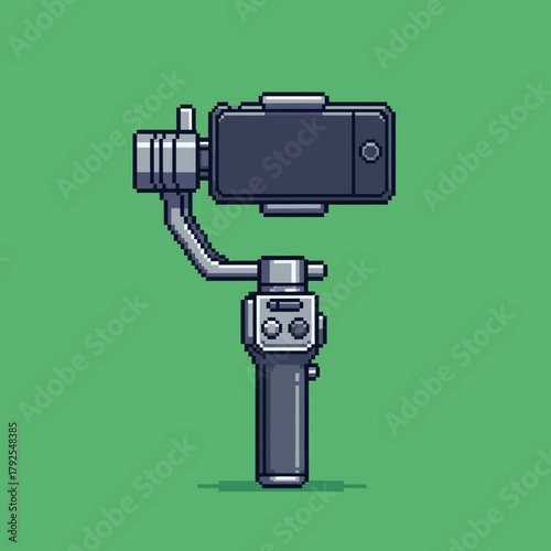 Pixel art illustration of a smartphone mounted on a handheld gimbal stabilizer for smooth video recording.
