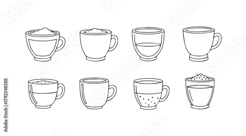Collection of eight different coffee and tea cups in a hand drawn sketch silhouette style