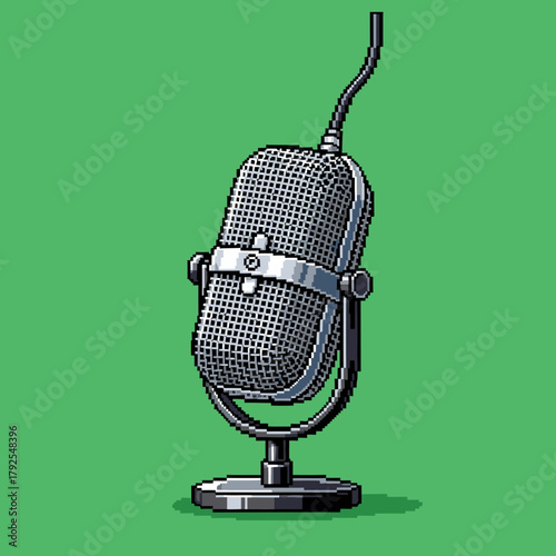 A pixel art illustration of a vintage-style microphone with a stand and cable, set against a solid green background.