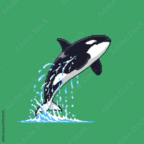 Pixel art illustration of a black and white orca whale jumping out of the water, creating splashes, against a solid green background.