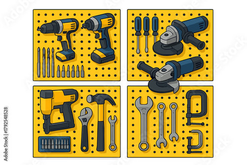 Collection of power tools and hand tools organized on a yellow pegboard for workshop maintenance