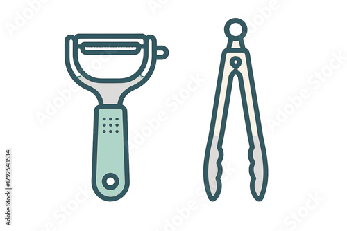 Kitchen tools set featuring a vegetable peeler and metal serving tongs