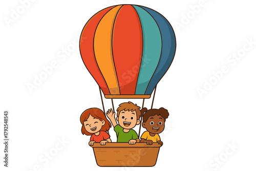 Three happy diverse children riding in a colorful striped hot air balloon basket waving hands