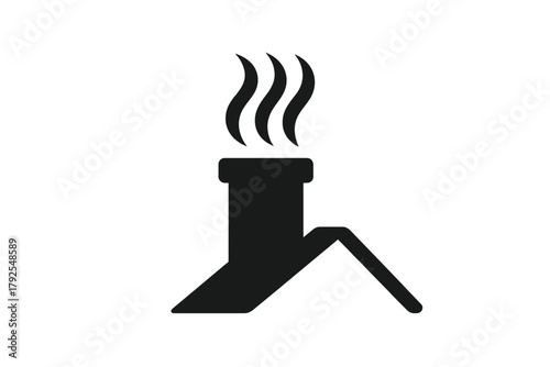 Simple black and white icon of a chimney on a roof emitting smoke
