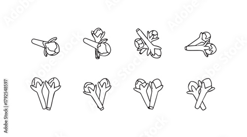 Collection of hand drawn botanical illustrations of flowers and plant parts silhouette