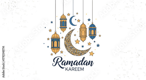 Festive illustration of Ramadan Kareem with ornamental hanging lanterns, a golden crescent moon, and sparkling stars on a white background