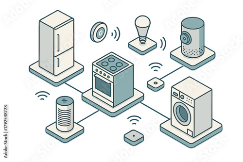 Isometric smart home network diagram of connected appliances and electronic devices