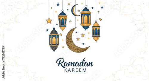 Elegant Islamic greeting card design with hanging golden lanterns, a crescent moon, and stars for the holy month of Ramadan celebration