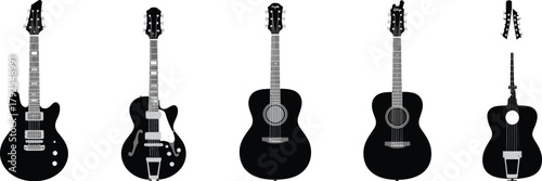 Black acoustic and electric guitars vector illustration showing classic and modern musical instruments for music, art, performance, and creative design concepts.