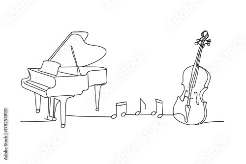 Continuous single line art of grand piano and violin with floating musical notes